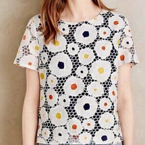 HARLYN Anthropologie blue white floral lace overlay top (M)
